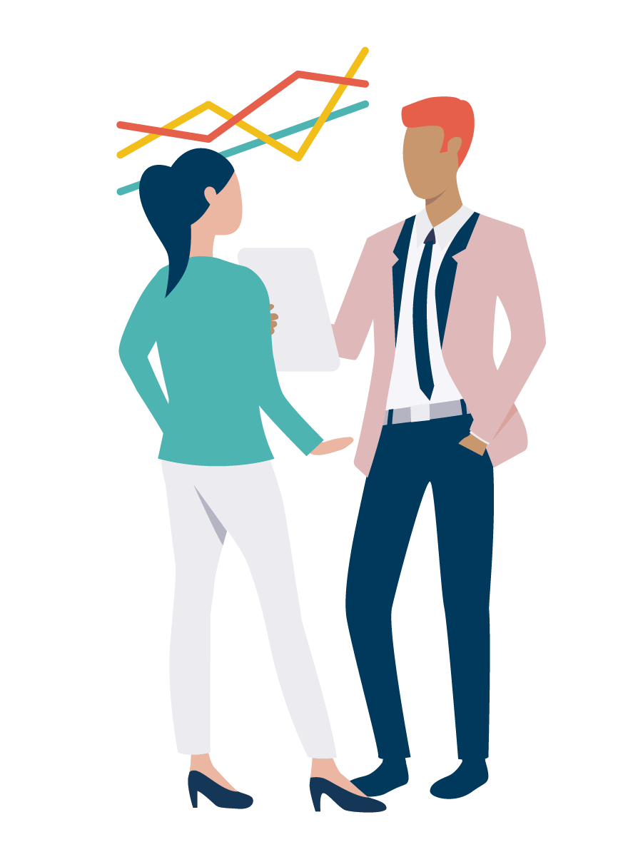 A Cemplicity branded graphic of two people talking about reports.